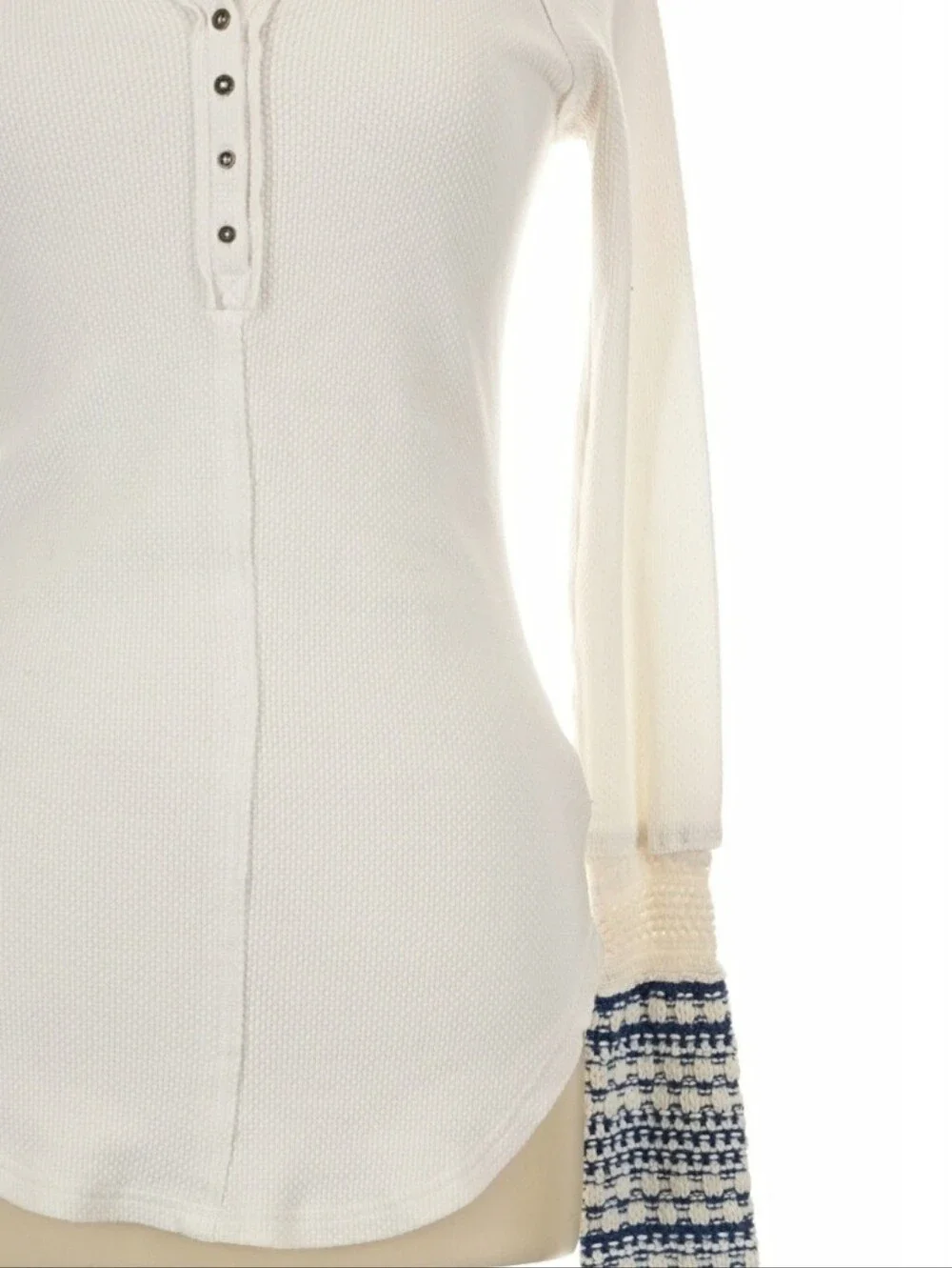 Free People Newbie Ski Lodge Off-White Henley Top with Crochet Knit Cuffs